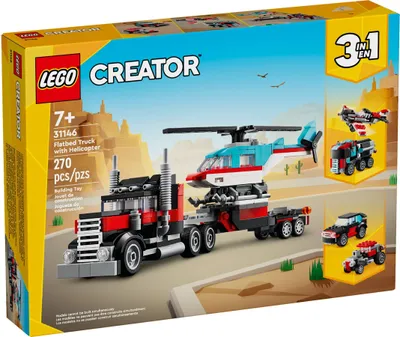 Produktbild von LEGO Creator 3in1 Tieflader mit Hubschrauber, Fahrzeuge-Set mit Helikopter- und LKW-Spielzeug, Flugzeug und Tanklaster, Hot Rod und SUV, Geschenk für 7-jährige Jungs und Mädchen 31146