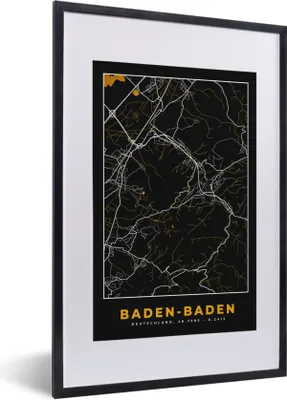 Produktbild von MuchoWow® Gerahmtes Poster Stadtplan - Karte - Baden Baden - Gold - Deutschland - Karte 40x60 cm - Poster mit Schwarzem Bilderrahmen Wandposter Rahmen Foto Bilder - Poster in Rahmen