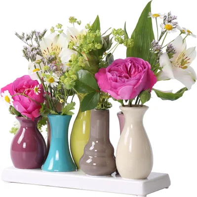 Produktbild von Jinfa kleine Vasen Set - 7 mini Vasen aus Keramik- kleine Blumenvasen bunt für Tischdeko Fensterbank - Moderne Deko
