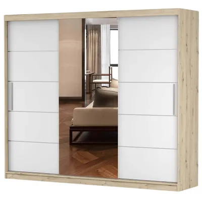 Produktbild von Schwebetürenschrank Kleiderschrank Schrank 250cm Artisan/Weiss mit Spiegel Alba
