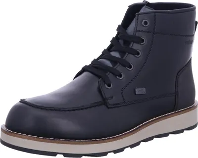 A single black leather boot is shown against a white background.