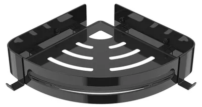 Immagine prodotto di Scaffale da doccia senza foratura, acciaio inossidabile 304, angolare, colore nero, con 2 ganci, dimensioni 28x21x4,5 cm