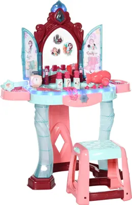 Produktbild von Kinderschminktisch Spielset - Schminktisch mit Spiegel - Hocker - Licht & Musik - Föhn - 31 Zubehörteile - 57×34×76 cm - Ab 3 Jahren - Blau/Rosa