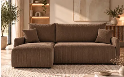 Productafbeelding van Eckbank FLUFFY, L-vormig, universeel, modern slaapbank met slaapfunctie en opbergruimte, slaapbank, bank met omkeerbare bekleding, BRUIN - POSO 06