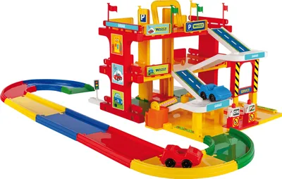 Produktbild von Wader Kid Cars 3D Spielgarage, 3 Ebenen, mit 2 Autos, Straßenset, Aufzug, Rampe, Waschanlage, Zapfsäule, Autoservice, aus Kunststoff, mehrfarbig, 36 cm hoch, 3 m Straßennetz, ab 3 Jahren