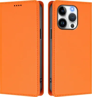 Produktbild von Handyhülle für iPhone 15 Pro, Kunstleder Klapphülle Stoßfeste Magnetische Hülle mit Ständer Orange