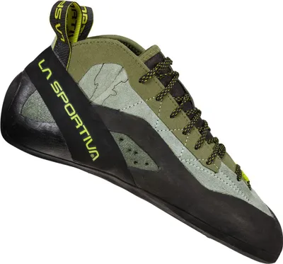 Schnür-Kletterschuh "TC Pro" von La Sportiva in Olivgrün mit schwarzer Gummisohle und gelben Akzenten.