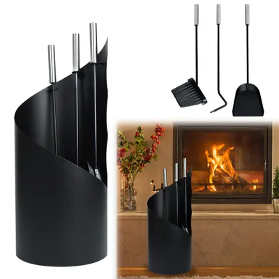 Produktbild von ACXIN 4‑teiliges Kamin‑Set, hitzebeständiges Kaminwerkzeug‑Gestell mit Aufhängehaken für aufgeräumten Kaminbereich, Kaminschaufel Aschebesen Schürhaken, Schwarz