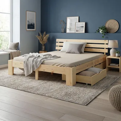 Obrázek produktu pro Homestyle4u Dřevěná postel 180x200 se 2 zásuvkami Přírodní dvojlůžko s matracemi Úložný prostor