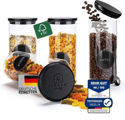 Produktbild von Glasbehälter-Set mit 4 x 1.300 ml, schwarze Holzdeckel, Metall-Löffel, 24 Etiketten & Weißstift