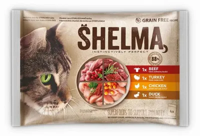 Obrázok produktu pre SHELMA Bohatá na kuracie, morčacie, hovädzie a kačacie mäso - mokrá krmivo pre mačky - 4x85g