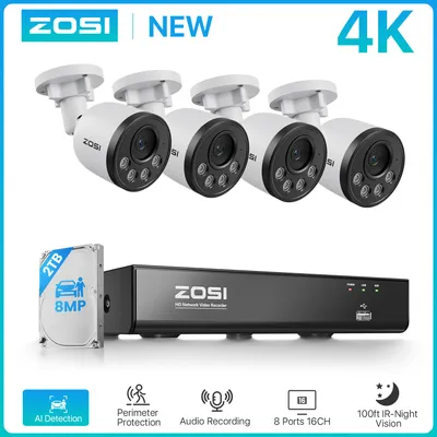 Immagine prodotto di Sistema di videosorveglianza con registratore NVR a 8 canali e 4 telecamere 4K Ultra HD da 8 megapixel, con alloggiamento in metallo