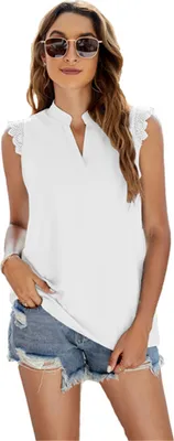 Produktbild von ASKSA Damen Ärmellos T-Shirt Elegant Bluse V-Ausschnitt Spitzen Hemd Lässige Sommer Top Einfarbiges Oberteile, Weiß, S