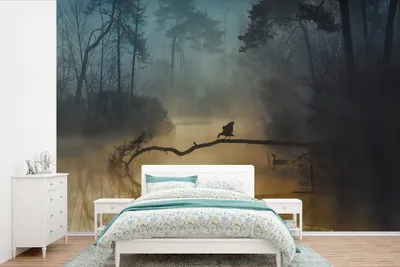 Produktbild von MuchoWow® Fototapete für Wohnzimmer oder Schlafzimmer Wandtapete Vinyl Motivtapete Wald - Wasser - Vogel - 600x400 cm - Vinyltapeten