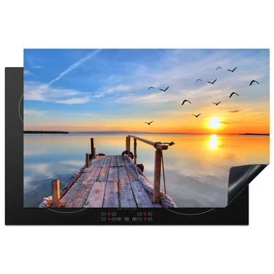 Produktbild von KitchenYeah© Herdabdeckplatte Meer - Sonnenuntergang - Steg - Vögel , 80x52cm, Küche Deko, Glaskeramikkochfeld Herdabdeckung, Abdeckplatte fùr Kochfeld