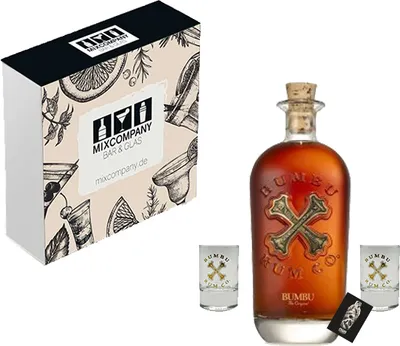 Produktbild von Bumbu Geschenkset - Bumbu the Orniginal Rum 0,7L 40% Vol. + 2er Set Bumbu Shotgläser und Geschenkbox - [Enthält Sulfite]