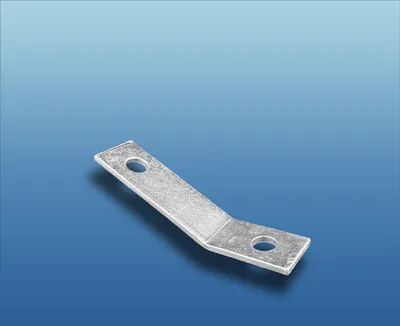 A metal bracket with two holes is shown against a blue gradient background.