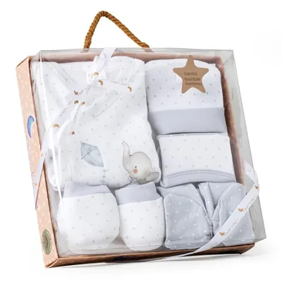 Produktbild von Set 5 Stk (Hemd+Hosen+Handschuhe+Bib+Socken)Neugeboren(0-6 Monate)-Baumw.-Mod. Elefante - Grau