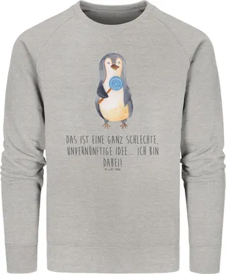 Produktbild von Mr. & Mrs. Panda Baumwoll Pullover Pinguin Lolli Größe L - Heather Grey - Geschenk, Süßigkeiten, Pinguine, Spruch, Unvernünftig, Sweater, Bio-Pullover, Sweatshirt, Pulli