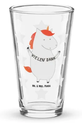 Produktbild von Mr. & Mrs. Panda Bierglas Einhorn Dankeschön - Transparent - Geschenk, Wasserglas, Danke, Einhörner, Glas, Danksagung, Pint, Cocktailglas, Unicorn, Tumbler, Vielen Dank