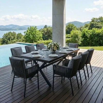 Produktbild von Gartenmöbel-Set AFUERA Tisch mit 8 Stühlen, Schwarz - Outdoor Essgruppe für bis zu 8 Personen, wetterfest und pflegeleicht, wasserabweisende Sitzkissen, ideal für Terrasse, Balkon und Garten