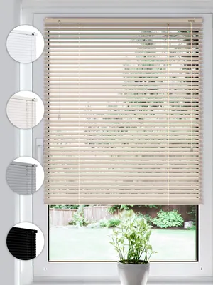 A collage of different colored blinds and a main image of cream blinds on a window.