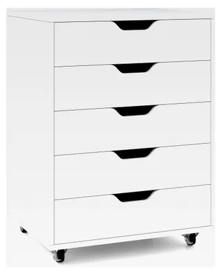 Produktbild von Rollcontainer mit 5 Schubladen, Aktenschrank auf Rollen, Schubladenschrank aus Holz für unter den Schreibtisch, Druckertisch für Zuhause und Büro (Weiß, 49 x 40 x 65 cm)