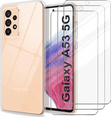 Produktbild von Hülle für Samsung Galaxy A53 5G, transparentes Silikon, 2 x gehärtetes Glas