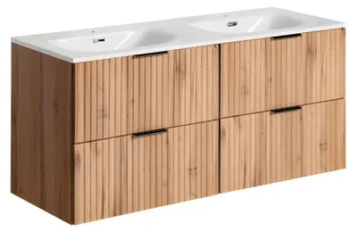 Immagine prodotto di Set da bagno NOXERA 120 cm – Rovere wotan – Mobile sottolavabo con doppio lavabo incassato e sifoni