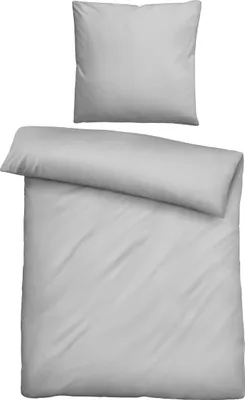 A flat lay of a gray duvet cover and pillowcase set.