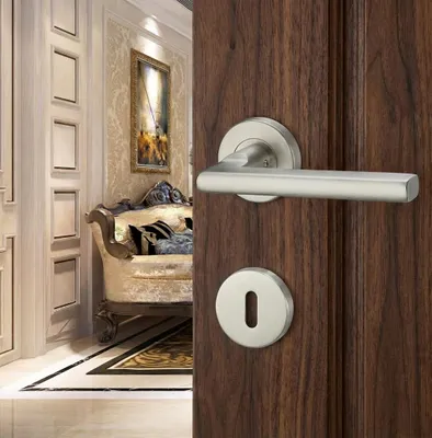 Imagen del producto de Manija de puerta con cerradura de llave, roseta de acero inoxidable, cerradura de embutir, color plateado, para puertas interiores y exteriores