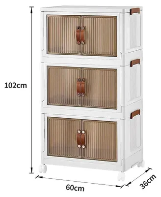 Produktbild von Faltbare Aufbewahrungsbox 3er-Set - Stapelbarer Kleiderorganizer mit Deckel - Doppeltür - Mit Rollen - 60x36x102 cm - Weiß