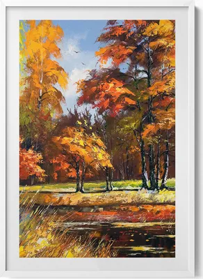 Produktbild von Gemalter Herbst und Fluss– Wandbild mit Rahmen – Gerahmtes Bild  – Wanddekoration – 70x100 cm –  Weiß Rahmen