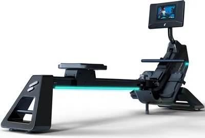 A black rowing machine with a blue LED light strip and a touch screen display, isolated on a white background.