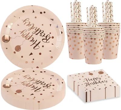 Productafbeelding van Verjaardagsfeest serviesset - Set van 80 - Roségouden ballon kinderen - Herbruikbaar - Levert papieren borden - Kopjes