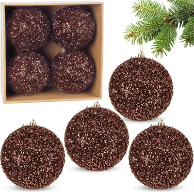 Produktbild von BRUBAKER Glitzer Weihnachtskugeln - 4er Set große Glitter Baumkugeln - 10 cm Christbaumkugeln Bruchsicher - Kunststoff Christbaumschmuck, Braun