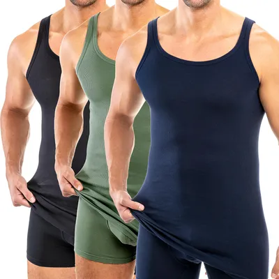 Extralanges Herren Unterhemd Rundhals schwarz/marine/olive 3er Pack