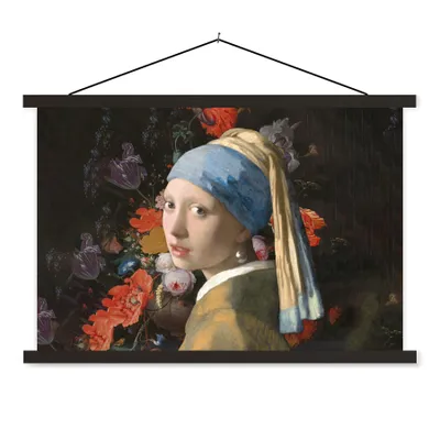 Produktbild von MuchoWow® Textilposter Das Mädchen mit dem Perlenohrring - Vermeer - Blumen 60x40 cm mit schwarzem Rahmen - Hölzernes
