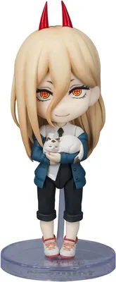 A Nendoroid figure of Power from Chainsaw Man holding a white cat.