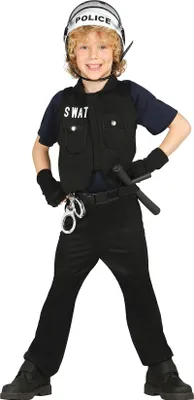 Produktbild von Polizei SWAT Abenteuer Fasching Kinder Kostüm Set Weste Hose Hemd Ausrüstung Action, Größe: 140/146 Farbe: Schwarz