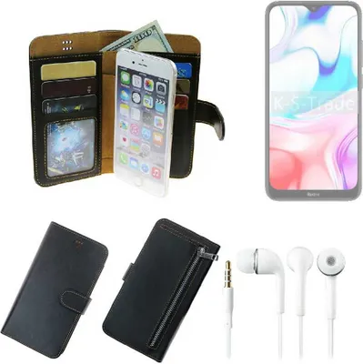 Produktbild von TOP SET Handy Hülle Schutz Hülle kompatibel mit Xiaomi Redmi 8  schwarz aus Kunstleder + Kopfhörer Smartphone Tasche vollwertige Geldbörse