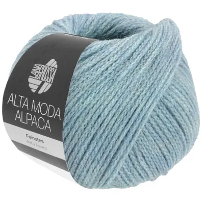 A ball of light blue yarn with a black label.