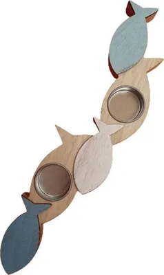 Produktbild von Maritimer Teelichthalter Fische | Halter für 2 Teelichter aus MDF mit blauen und weißen Fischen | 36 x 8,5 cm