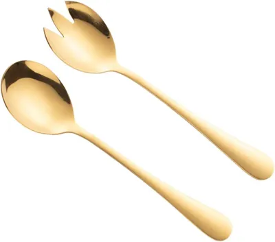 Produktbild von Set aus 2 vergoldeten Salatbestecken aus Edelstahl: stabiler Löffel und Gabel für Salate/Obst, elegante, handgefertigte Verarbeitung