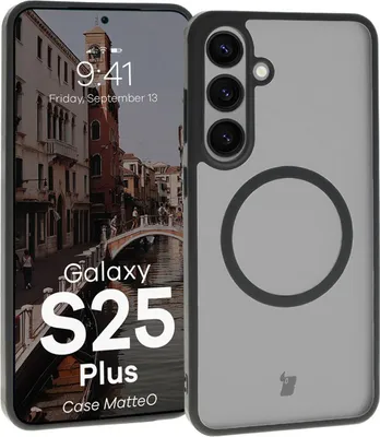 Produktbild von Bizon Case MatteO Magnetische Ringhülle für Galaxy S25 Plus, halbtransparent mit schwarzem Rahmen