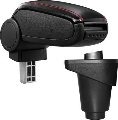 Zdjęcie produktu dla [pro.tec] Podłokietnik środkowy, idealnie dopasowany do Fiata 500L od 2012 r. - tapicerowany sztuczną skórą w kolorze czarnym z czerwonymi przeszyciami