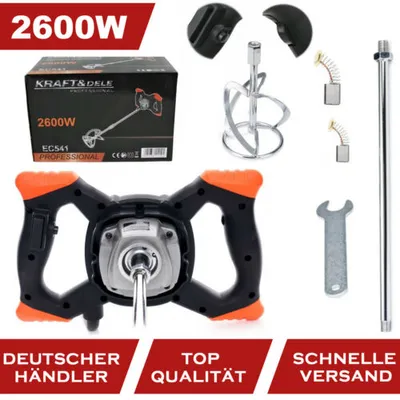 A collage of images showing a paint and mortar mixer, its accessories, and packaging, along with marketing text.