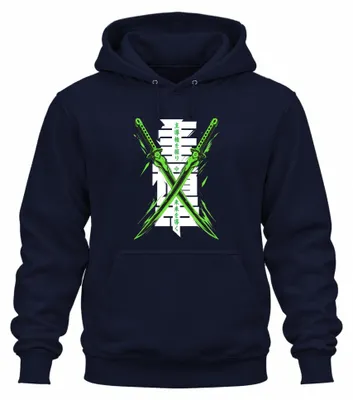 Immagine prodotto di Felpa con cappuccio, stile cyberpunk, con motivo di katana, ispirata al Giappone, agli anni 2000 e ai manga. Colore: blu navy. Taglia: L