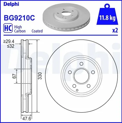 Produktbild von 2x DELPHI Bremsscheibe BG9210C 47 6mm 330mm
