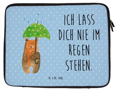 Produktbild von Mr. & Mrs. Panda Laptop Tasche Bär Regenschirm 20 x 28 cm - Blau Pastell - Geschenk, Notebook Hülle, Laptoptasche, Freunde, Spruch, Liebe, Teddy, Liebeskummer, Partner